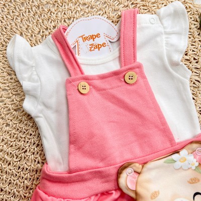 Conj. Body Manga Curta e Salopete Ursinha Fofa - Rosa Conj. Body Manga Curta e Salopete Ursinha Fofa - Rosa